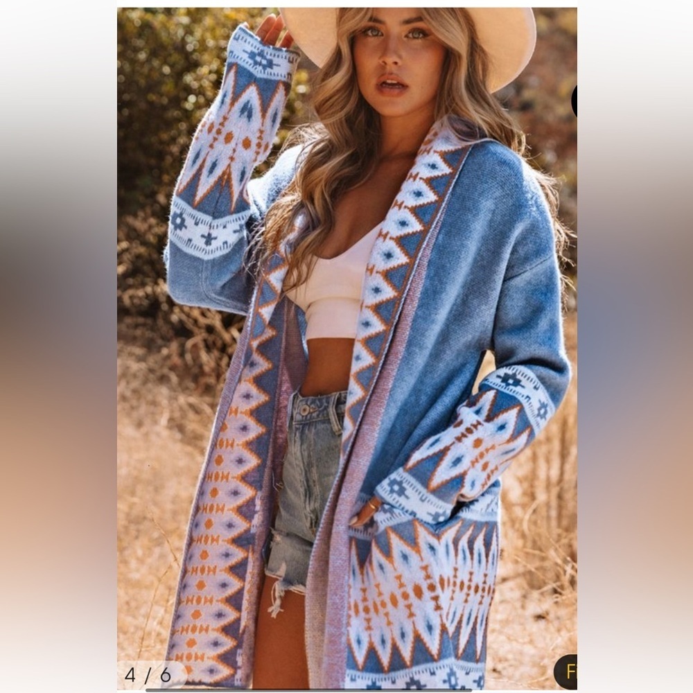 NEW Boutique Blue Aztec open front Cardigan 3X 🌹🌸🌹 red black bin - Picture 1 of 7